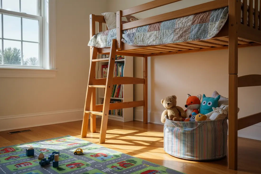 Chambre d'enfant avec lit superposé et peluches rangées