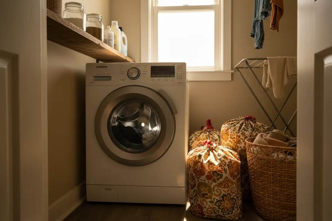 Buanderie avec lave-linge en marche et sacs de linge fermés