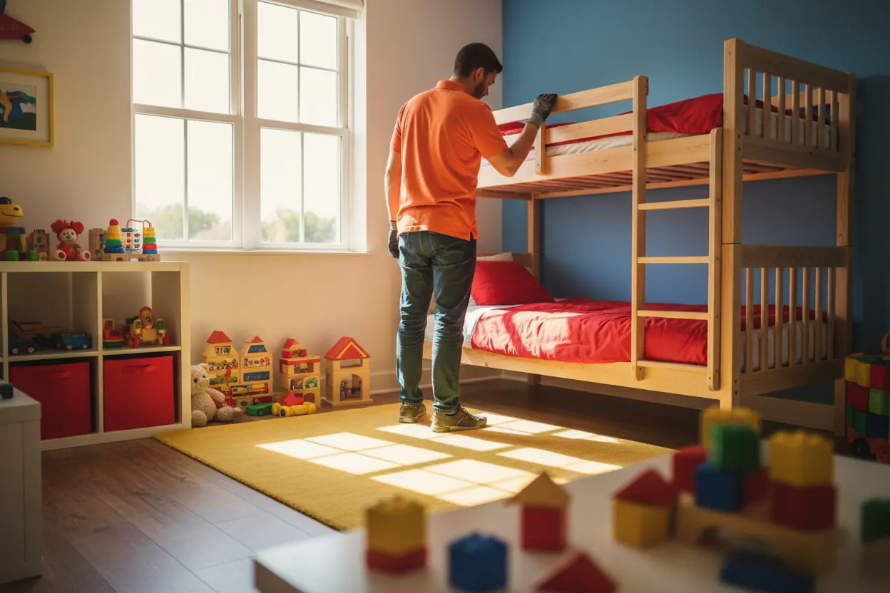 Technicien vérifiant un lit superposé dans une chambre d'enfants