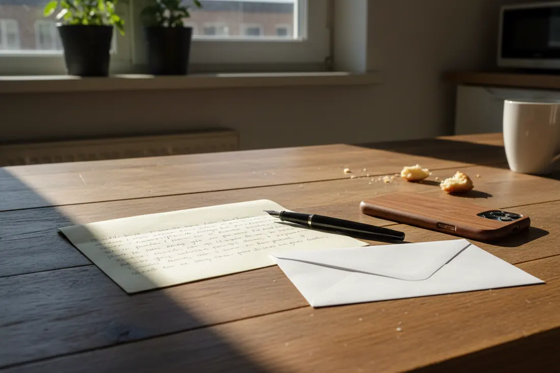 Table de cuisine avec un courrier et un téléphone