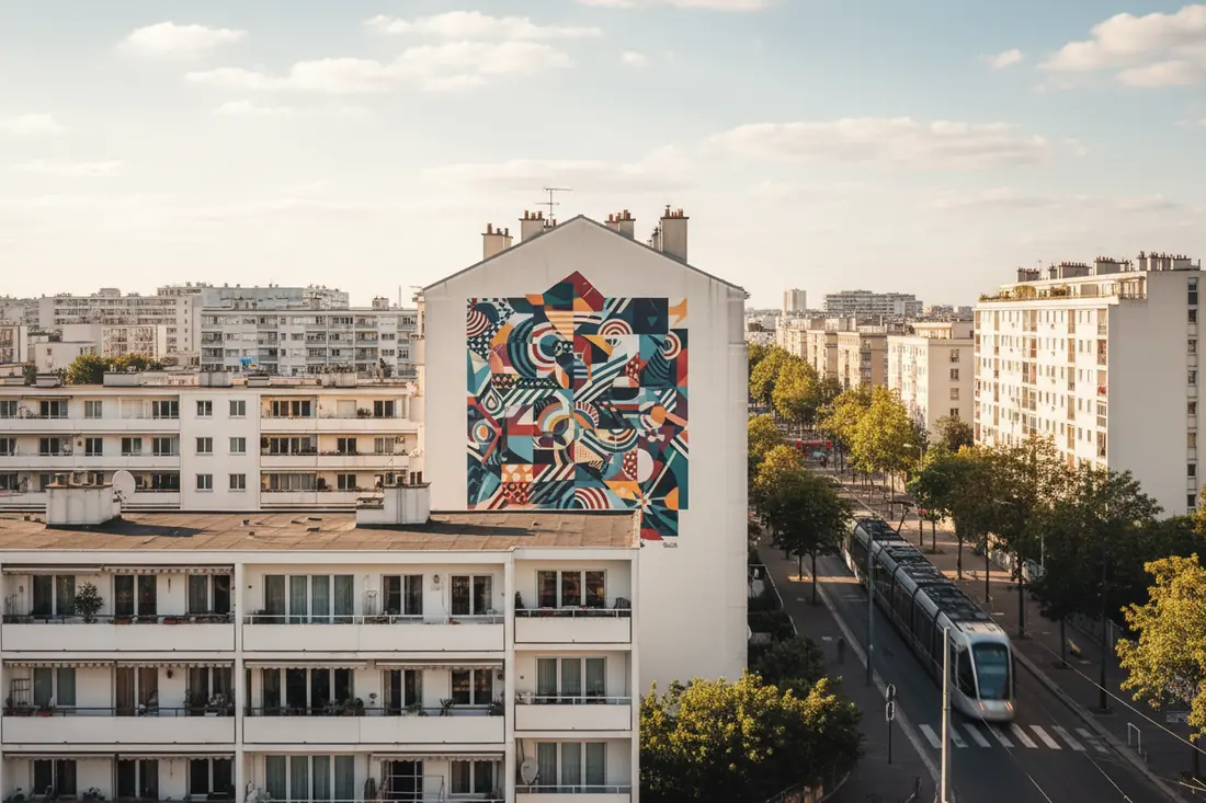 Grands ensembles avec fresque murale colorée et tramway